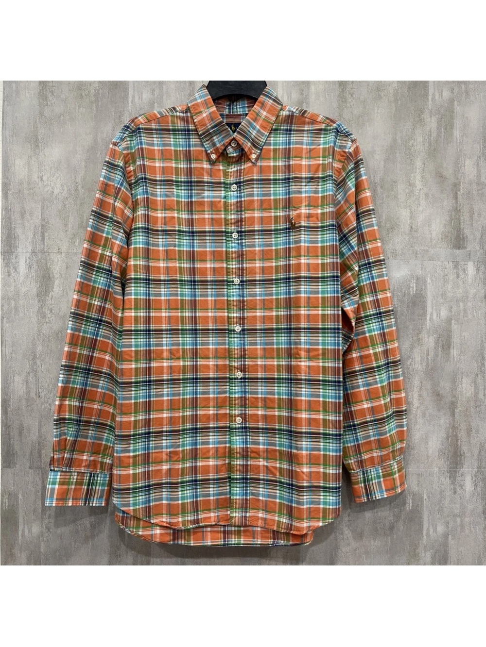 Ralph Lauren Men's Shirt Size Large Button Up Orange Blue Green Plaid Cotton